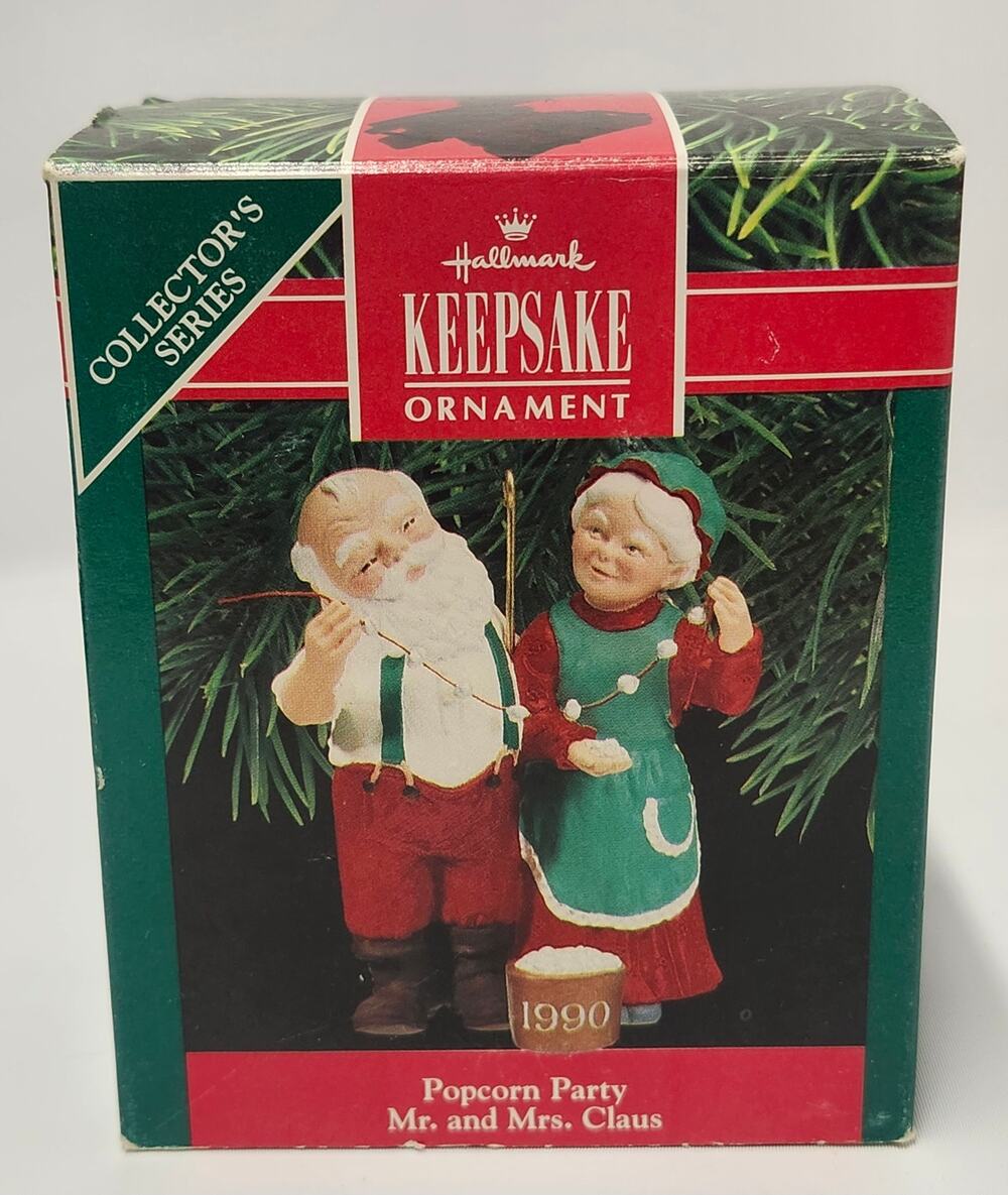 Vintage 1990 Hallmark Keepsake Popcorn Party Mr & Mrs Claus Ornament #5